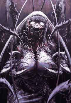 1girl absurdres antennae arthropod_girl arthropod_limbs baloolax blank_eyes body_horror breasts cockroach_girl grey_hair highres horror_(theme) indie_virtual_youtuber large_breasts long_hair matara_kan mole mole_on_breast monster_girl open_mouth sharp_teeth solo teeth twitter_username very_long_hair virtual_youtuber