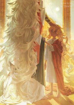 2boys aged_down barefoot blonde_hair body_markings bracelet commentary_request dark-skinned_male dark_skin day fate/grand_order fate_(series) goetia_(fate) headpat highres jewelry long_hair male_focus multiple_boys one_eye_closed qwer00138 red_eyes robe solomon_(fate) very_long_hair white_hair