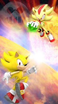 2boys 3d artist_request chaos_emerald earth_(planet) emblem holding light multiple_boys planet shadow_the_hedgehog sonic_(series) sonic_adventure_2 sonic_the_hedgehog source_request space space_colony_ark super_shadow super_sonic