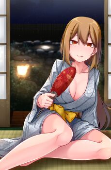 1girl :p absurdres aino_nana_(baileys) baileys_(tranquillity650) blonde_hair breasts class_no_gal_ni_kuuki_atsukai_sareteimasu cleavage closed_mouth commentary_request foot_out_of_frame hand_fan highres holding holding_fan japanese_clothes kimono large_breasts long_hair looking_at_viewer night orange_eyes sash sitting solo tongue tongue_out yellow_sash