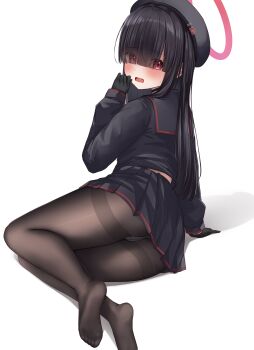 1girl absurdres beret black_choker black_collar black_gloves black_hair black_hat black_sailor_collar black_shirt black_skirt blue_archive blush choker collar covered_eyes dot_nose eyes_visible_through_hair feet gloves hair_between_eyes halo hand_up hat highres hime_cut justice_task_force_member_(blue_archive) loli long_hair long_sleeves looking_at_viewer looking_back minazuki_(uraha246) no_shoes open_mouth panties panties_under_pantyhose pantyhose pink_eyes pink_halo pleated_skirt red_halo sailor_collar school_uniform serafuku shadow shirt simple_background skirt soles solo straight_bangs straight_hair sweat thighband_pantyhose toes underwear very_long_hair white_background white_panties