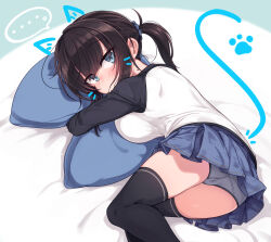 Rule 34 | 1girl, aqua eyes, black hair, black shirt, black thighhighs, blue skirt, blush, breasts, commentary request, grey panties, hair between eyes, hugging object, large breasts, long hair, long sleeves, looking at viewer, lying, miniskirt, mole, mole under eye, null (nyanpyoun), on bed, on side, original, panties, pillow, pillow hug, ponytail, shirt, skirt, solo, thighhighs, two-tone shirt, underwear, white shirt