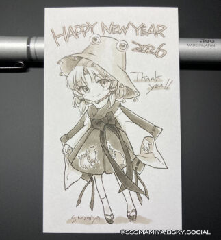 Rule 34 | 1girl, 2026, alternate costume, animal print, artist name, bluesky username, blush, closed mouth, clothing request, commentary request, deformed, english text, frog print, full body, hair ribbon, happy new year, hat, long sleeves, looking at viewer, moriya suwako, new year, photo (medium), platform sandals, ribbon, s.mamiya, sandals, smile, socks, solo, thank you, touhou, traditional media, tress ribbon, wide sleeves