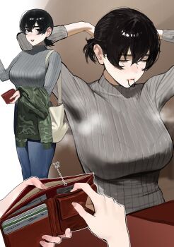 Rule 34 | 1girl, bag, black hair, breasts, commentary request, condom, condom wrapper, freckles, highres, kosubi (tsuneta328), large breasts, mouth hold, open mouth, original, pants, ponytail, short hair, short ponytail, solo, sweater, teeth, turtleneck, turtleneck sweater, upper teeth only, wallet