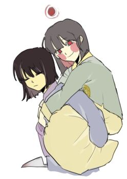 2others alternate_costume animification blood bloody_knife blue_shirt brown_hair carrying chara_(undertale) closed_eyes closed_mouth collared_shirt colored_inner_hair colored_skin commentary_request empty_eyes frisk_(undertale) green_shirt hair_between_eyes heart holding holding_knife knife korean_commentary long_sleeves looking_at_viewer multicolored_hair multiple_others other_focus other_with_other pale_skin piggyback red_eyes red_hair shirt short_hair simple_background skirt smile speech_bubble spoken_heart undertale utdr_(toby_fox) white_background yellow_skin yellow_skirt yx_won2