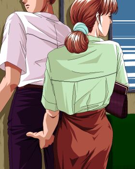 1boy 1girl anal_fingering ass bag black_pants brown_hair chijo chikan circle_mate egawa_reiko female_fingering_male fingering fingering_through_clothes from_behind game_cg handbag hetero holding holding_bag looking_to_the_side miriko molestation pants pc-98_(style) pixel_art red_skirt shirt short_hair skirt through_clothes train_interior white_shirt