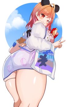 1girl animal_ear_hairband ass bag black_hairband coat earrings eating fake_animal_ears food food_on_face from_behind from_below hair_ornament hairband hairclip handbag holding holding_food hololive hololive_dev_is ichijou_ririka jewelry looking_back medium_hair mickey_mouse_ears miniskirt off-shoulder_coat off_shoulder open_clothes open_coat orange_hair pink_shirt pink_skirt plastic_bag red_eyes shirt skindentation skirt sky sleeveless sleeveless_shirt solo stuffed_animal stuffed_toy teddy_bear tenpura32200 thick_thighs thigh_strap thighs v virtual_youtuber wavy_mouth white_background white_coat