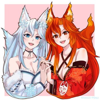 1girl animal_ear_fluff animal_ears black_nails blue_hair blue_nails breasts cleavage collarbone commentary d-maker fiery_ears fox_ears fox_girl fox_tail hair_ornament indie_virtual_youtuber interlocked_fingers long_hair multicolored_hair open_mouth orange_hair smug_alana snowflake_hair_ornament streaked_hair symbol-only_commentary tail teeth twitter_username upper_body upper_teeth_only virtual_youtuber white_hair