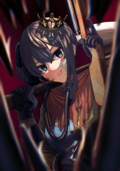 :p bandaid bandaid_on_face blue_eyes blue_hair blue_ribbon blush commentary_request crown double-parted_bangs empty_eyes gun hair_between_eyes hair_ribbon highres holding holding_gun holding_weapon hololive hoshimachi_suisei medium_hair nattoushouyu3 red_scarf ribbon scarf side_ponytail sidelocks tilted_headwear tongue tongue_out torn_clothes virtual_youtuber weapon