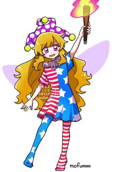 Rule 34 | 1girl, american flag, american flag dress, american flag legwear, american flag print, artist name, blonde hair, blue dress, clownpiece, commentary request, dress, fairy, fairy wings, flag print, full body, hat, holding, holding torch, jester cap, long hair, looking at viewer, maa (forsythia1729), multicolored dress, neck ruff, open mouth, pantyhose, pink eyes, polka dot, purple hat, red dress, short sleeves, simple background, smile, solo, star (symbol), star print, striped clothes, striped dress, striped pantyhose, torch, touhou, very long hair, watermark, white background, wings