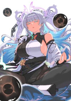 1girl :o bead_bracelet beads blunt_bangs bracelet breasts bridal_gauntlets bug butterfly commentary_request crossed_legs earrings goddess_of_victory:_nikke grey_eyes halo highres indian_style insect jewelry large_breasts long_sidelocks looking_at_viewer mechanical_arms nayuta_(nikke) parted_lips shibumi sideboob sidelocks simple_background single_bare_shoulder single_mechanical_arm sitting solo white_background white_hair