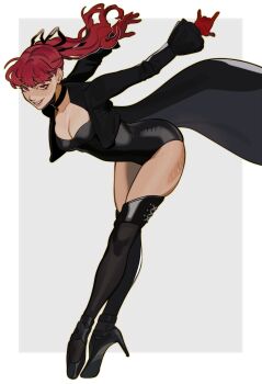 1girl absurdres black_choker black_jacket black_leotard black_ribbon border breasts choker cleavage closed_mouth commentary commission cropped_jacket floating_hair gloves grey_background grin hair_ribbon high_heels highres jacket leotard long_hair looking_at_viewer medium_breasts outside_border persona persona_5 persona_5_the_royal porqueloin red_eyes red_gloves red_hair ribbon simple_background smile solo thighs violet_(persona_5) white_border yoshizawa_kasumi