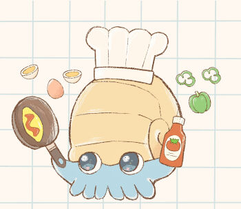 Rule 34 | bell pepper, bell pepper slice, blue eyes, commentary request, food, full body, gen 1 pokemon, grid background, highres, holding pan, ketchup, nintendo, no humans, omanyte, omelet, omurice, pokemon, pokemon (creature), sliced egg, solo, waltz (wal w wal)