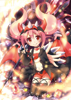 Rule 34 | 1girl, artist request, bare shoulders, blush, demon horns, demon tail, demon wings, flat chest, gem, heart, horns, jewelpet (series), jewelpet kira deco!, jewelry, navel, oomiya pink, particles, pink hair, red eyes, sanrio, scepter, smile, solo, tail, tongue, tongue out, weapon, wings