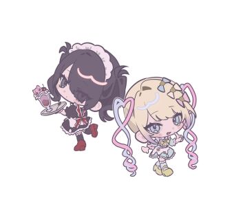 2girls :d ame-chan_(needy_girl_overdose) apron back_bow black_eyes black_hair blonde_hair blue_dress blue_eyes blue_hair blue_socks blunt_bangs blush bow chest_bow chibi chibi_only chouzetsusaikawa_tenshi-chan colored_tips dress food full_body hair_bow hair_over_one_eye highres holding holding_plate kishouchin looking_at_viewer maid maid_apron maid_headdress multicolored_hair multiple_girls multiple_hair_bows needy_girl_overdose official_alternate_costume open_mouth parfait pien_cat_(needy_girl_overdose) pink_hair plate quad_tails sandals sidelocks smile socks