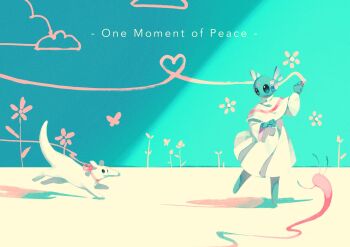 androgynous art_fight_attack black_eyes blue_background choker commentary corvus_noctis creature drawing_(action) dress english_commentary english_text facial_mark forehead_mark gift_art graffiti heart highres iterator_(rain_world) limited_palette looks_to_the_moon medium_dress no_humans no_mouth overseer_(rain_world) rain_world ribbon_choker robot robot_ears shade shadow slugcat standing standing_on_one_leg survivor_(rain_world) white_dress