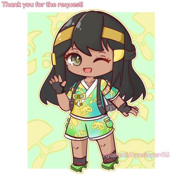 Rule 34 | absurdres, akari (pokemon), ayasumi (ayaslayer416), backpack, bag, black hair, black socks, chibi, commentary, commission, english commentary, english text, fingerless gloves, gloves, green eyes, green sandals, headband, highres, japanese clothes, jinbei (clothes), juliana (pokemon), nintendo, original, pixiv commission, pixiv username, pokemon, pokemon legends: arceus, pokemon sv, rhea (stryker324), sandals, socks, tan