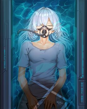 1girl breasts closed_eyes collarbone commentary dated english_commentary facing_viewer grey_hair grey_shirt highres holding iricity long_hair medium_breasts mornye_(wuthering_waves) partially_submerged shirt solo ventilator_(medical) wuthering_waves