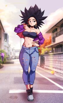 1girl absurdres alternate_costume bare_shoulders black_eyes black_hair bracelet breasts building city day decial10 denim dragon_ball dragon_ball_(object) dragon_ball_super earrings fingernails flying_nimbus full_body hand_on_own_hip heart heart_earrings highres jacket jeans jewelry kefla_(dragon_ball) large_breasts navel pants potara road serious sharp_fingernails shoes sneakers spiked_hair street torn_clothes
