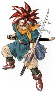 Rule 34 | belt, blue bag, boots, brown boots, chrono trigger, crono (chrono trigger), green eyes, headband, highres, holding, holding sword, holding weapon, katana, neckerchief, non-web source, official art, promotional art, red hair, sword, toriyama akira, traditional media, tunic, undershirt, weapon, white headband, yellow neckerchief