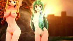 3d 3girls animated ass audible_music blonde_hair blush bouncing_breasts bow breasts brown_eyes brown_hair dancing green_hair hair_bow hair_tubes hakurei_reimu highres kochiya_sanae krag large_breasts long_hair multiple_girls navel nipples nude onsen pussy sound touhou video yakumo_yukari