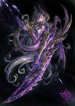 1girl absurdly_long_hair absurdres armor artist_name barefoot black_background black_sclera black_skin bone breasts chinese_commentary closed_mouth colored_sclera colored_skin colored_teeth commentary_request demon_girl dragon_girl dragon_tail english_text extra_mouth fang floating food_on_tail forehead forehead_jewel gem hair_slicked_back hand_on_own_chest hand_rest highres holding holding_sword holding_weapon horns large_forehead large_horns linea_alba long_hair looking_at_viewer looking_down medium_breasts monster_girl navel nekoemonn nude original partially_shaded_face pointy_ears purple_blade purple_gemstone purple_lips purple_scales purple_skin red_pupils scale_armor scales sharp_teeth sharp_toenails sigil signature smug solo spread_legs sword tail teeth third_eye toenails vertical_mouth very_long_hair weapon white_hair yellow_teeth