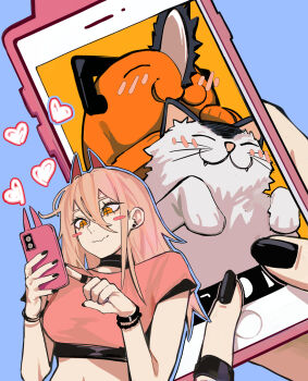 1girl absurdres black_choker black_nails blush cat chainsaw chainsaw_man choker crop_top cross-shaped_pupils demon_horns dog heart highres holding holding_phone horns medium_hair meowy_(chainsaw_man) orange_eyes orange_hair orange_shirt phone pochita_(chainsaw_man) power_(chainsaw_man) sailen0 shirt symbol-shaped_pupils upper_body