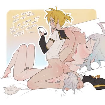 2boys absurdres ahoge anilingus anus arched_back ass black_chastity_cage black_sailor_collar black_sleeves blonde_hair blue_eyes bottomless boy_on_top cellphone chastity_cage clothed_male_nude_male commission detached_sleeves dimples_of_venus english_text grabbing_another's_ass grey_hair grin groping half-closed_eyes highres holding holding_phone huge_ahoge josou_seme kagamine_len lacryboy lying male_focus medium_hair multiple_boys nude on_back on_bed penis perineum phone plantar_flexion ponytail precum revealing_chastity_cage sailor_collar saliva saliva_trail short_hair short_ponytail smartphone smile tan testicles trap trap_on_trap utatane_piko vocaloid yaoi