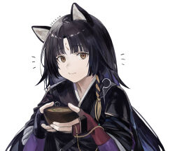 Rule 34 | 1girl, animal ears, arknights, black hair, black kimono, bowl, brown eyes, closed mouth, commentary request, dog ears, dog girl, facial mark, fingerless gloves, food in mouth, forehead mark, gloves, holding, holding bowl, japanese clothes, kimono, long hair, looking at viewer, melundago, purple gloves, saga (arknights), solo, upper body