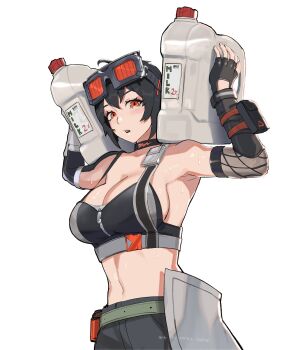 1girl absurdres bare_shoulders belt black_choker black_gloves black_hair breasts choker cleavage commentary crop_top fingerless_gloves gloves goggles goggles_on_head grace_howard grey_belt highres holding large_breasts looking_at_viewer midriff navel orange_eyes short_hair solo stomach uchihaniray upper_body zenless_zone_zero