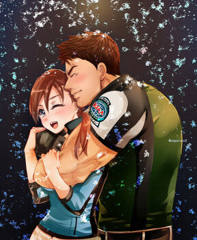 Rule 34 | 1boy, 1girl, artist name, beard stubble, blue eyes, blush, brown hair, chris redfield, facial hair, hug, hug from behind, jill valentine, nagare, one eye closed, open mouth, resident evil, resident evil 5, smile, stubble