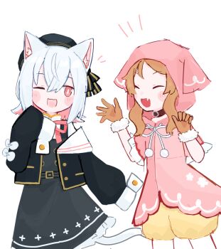 2girls ;3 ;d animal_ear_fluff animal_ear_hood animal_ears beret black_collar black_dress black_hat black_jacket blush_stickers bright_pupils brown_gloves brown_hair buttons cat_ears cat_girl cat_tail closed_eyes collar colored_inner_hair commentary_request cowboy_shot double-breasted dress fake_animal_ears fang frilled_sleeves frills fur-trimmed_gloves fur_trim gloves grey_hair hair_between_eyes hand_up hands_up hat hat_ribbon hood hoodie jacket looking_at_another medium_hair multicolored_hair multiple_girls neck_ribbon notice_lines one-hour_drawing_challenge one_eye_closed open_clothes open_jacket open_mouth ouka_miko pinafore_dress pink_eyes pink_hair pink_hoodie pink_ribbon puffy_shorts ribbon sayo_(voicevox) shirt short_hair short_sleeves shorts sidelocks simple_background skin_fang sleeve_bow sleeve_cuffs sleeveless sleeveless_dress sleeves_past_fingers sleeves_past_wrists smile standing tail tanuzaka utau voicevox white_background white_pupils white_shirt yellow_shorts
