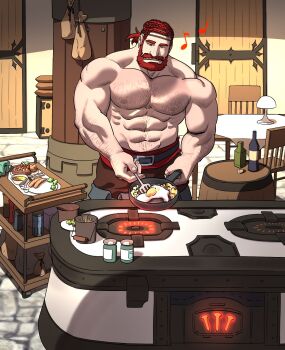 1boy abs bara beard commission cooking earrings facial_hair final_fantasy final_fantasy_xiv franz_(mostlybrowsing) full_beard hairy highres jewelry kitchen large_pectorals male_focus mature_male muscular muscular_male mustache navel nipples pectorals sanpaku short_hair solo sparse_chest_hair standing strongman_waist thick_beard thick_eyebrows thick_mustache topless_male unspoken_(firebreath110)