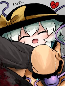 1girl 1other black_hat black_shirt blood blood_on_clothes buttons closed_eyes diamond_button eyeball frilled_shirt_collar frilled_sleeves frills grabbing_another&#039;s_arm green_hair hat hat_ribbon heart heripantomorrow komeiji_koishi ribbon shirt sleeves_past_fingers sleeves_past_wrists smile third_eye touhou wide_sleeves yellow_ribbon yellow_shirt