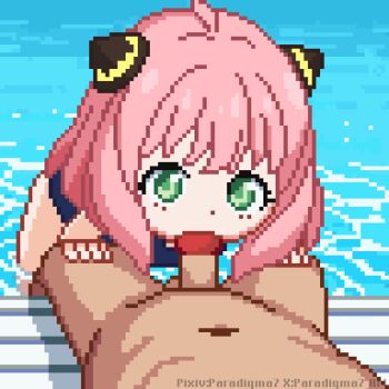 1boy 1girl animated animated_gif anya_(spy_x_family) bikini blue_bikini clothed_female_nude_male fellatio green_eyes hetero loli looking_at_viewer nude old old_man one-piece_swimsuit oral outdoors paradigma7 penis pink_hair pixel_art pool poolside pov pov_crotch school_swimsuit self-upload small_penis solo_focus spy_x_family swimsuit wading_pool water