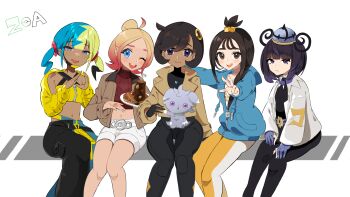 5girls :3 :d ;d absurdres aged_up ao_hito aqua_hair aqua_pants bandeau bare_shoulders belt black_bodysuit black_dress black_gloves black_hair black_mask black_pants blonde_hair blue_eyes blue_gloves blue_hoodie blunt_bangs bob_cut bodysuit bodysuit_under_clothes breasts brown_jacket canari_(pokemon) center-flap_bangs closed_mouth coat commentary_request cowlick criss-cross_straps croissant crop_top cropped_shirt cube_hair_ornament dark-skinned_female dark_skin dress emma_(pokemon) espurr food gen_6_pokemon gloves gradient_hair grey_eyes gwynn_(pokemon) hair_between_eyes hair_bun hair_ornament hat highres holding holding_plate hood hood_down hoodie jacket latex latex_bodysuit leggings lida_(pokemon) long_hair long_sleeves looking_at_viewer mask mask_pull mega_stone midriff mouth_mask multicolored_hair multiple_girls navel nintendo one_eye_closed open_clothes open_coat open_jacket open_mouth orange_gloves orange_leggings pants parted_bangs partially_fingerless_gloves pink_hair plate pokemon pokemon_(creature) pokemon_legends:_z-a purple_eyes purple_hair red_shirt ribbed_shirt shirt short_hair short_shorts short_twintails shorts sidelocks sitting small_breasts smile split-color_hair swept_bangs taunie_(pokemon) teeth topknot turtleneck turtleneck_shirt twintails two-tone_gloves two-tone_hair two-tone_legwear two-tone_mask two-tone_pants upper_teeth_only v white_belt white_coat white_leggings white_shorts wispy_bangs yellow_bandeau yellow_jacket yellow_mask