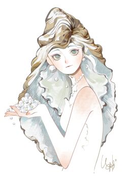 1girl absurdres backless_dress backless_outfit blonde_hair blue_eyes closed_mouth commentary dress eyeshadow gem highres holding jewelry leirbs2s2 long_hair lower_eyelashes_only makeup necklace original pearl_(gemstone) pearl_necklace profile signature simple_background white_background white_dress