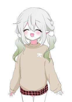 1girl 52601i ^_^ alternate_costume alternate_hairstyle blush brown_shirt brown_skirt closed_eyes genshin_impact gradient_hair green_hair hair_between_eyes highres long_hair long_sleeves multicolored_hair nahida_(genshin_impact) open_mouth pointy_ears shirt simple_background skirt solo standing twintails white_background white_hair