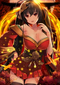 1girl ahoge azur_lane bare_shoulders black_hair black_thighhighs blush breasts cleavage collarbone day flower hair_between_eyes hair_ornament highres japanese_clothes kimono large_breasts long_hair long_sleeves looking_at_viewer obi outdoors red_eyes red_flower red_kimono regress sash shrine smile solo spider_lily taihou_(azur_lane) thighhighs torii very_long_hair wide_sleeves