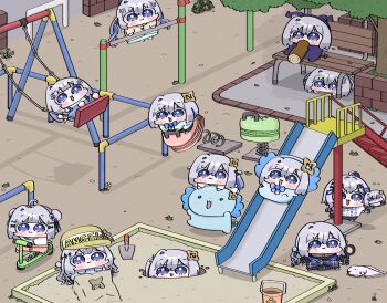 1girl amane_kanata angel angel_wings axolotl bench berry_chop_man blue_hair cake chibi chibi_only climbing colored_inner_hair demon detective digging feathered_wings flat_cap food grey_hair hair_ornament halo hat highres holding holding_magnifying_glass hololive long_hair macaron magnifying_glass monkey_bars multicolored_hair official_art on_swing open_mouth outdoors park park_bench playground playing pp_tenshi_t-shirt purple_eyes sandbox short_hair single_hair_intake slide smile spring_rider star_halo streaked_hair swing swing_set swinging_on_swing swiss_roll tree upao_(amane_kanata) virtual_youtuber wings