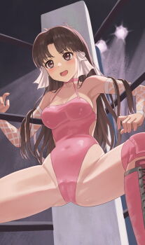 1girl bishoujo_wrestler_retsuden boots botan_m breasts brown_eyes brown_hair cameltoe covered_navel detached_sleeves hair_ornament highres leotard long_hair medium_breasts open_mouth ozawa_kayo solo spread_legs stadium stage_lights wrestle_angels wrestler wrestling wrestling_ring
