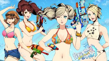 4girls arm_up bikini blonde_hair blue_eyes breasts eightyfourart female_focus highres kujikawa_rise lisa_silverman long_hair looking_at_viewer medium_breasts multiple_girls navel one_eye_closed persona persona_2 persona_3 persona_4 persona_5 short_hair sunglasses swimsuit takamaki_anne takeba_yukari tongue tongue_out twintails water_gun wink yellow_eyes