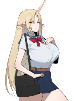 1girl alternate_costume black_skirt blue_eyes bow bowtie breasts closed_mouth commentary cowboy_shot crop_top dr_octojuice earrings fleurdelys_(wuthering_waves) floating_earrings hand_on_own_chest highres horns huge_breasts jewelry long_pointy_ears looking_at_viewer parted_bangs pointy_ears red_bow red_bowtie shirt_tucked_in short_sleeves simple_background single_horn skirt solo symbol-only_commentary tacet_mark_(wuthering_waves) thighs white_background wuthering_waves yellow_horns