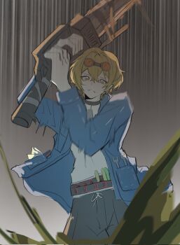 Rule 34 | 1boy, belt, black choker, black pants, blonde hair, blue jacket, choker, closed mouth, dog tags, frown, goggles, goggles on head, highres, holding, holding weapon, jacket, limbus company, looking at viewer, male focus, molar boatworks (identity) (project moon), official alternate costume, open clothes, pants, project moon, short hair, sinclair (project moon), solo, suifengflyfff, weapon