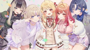 Rule 34 | 5girls, :d, ;d, black hair, blonde hair, blue eyes, blue hair, blush, breasts, brown dress, brown eyes, commentary request, cowboy shot, dot nose, dress, gradient hair, grey dress, grin, hand up, highres, hiodoshi ao, hiodoshi ao (1st costume), hololive, hololive dev is, ichijou ririka, ichijou ririka (1st costume), jacket, juufuutei raden, juufuutei raden (1st costume), large breasts, looking at viewer, miniskirt, multicolored hair, multiple girls, one eye closed, open clothes, open jacket, open mouth, otonose kanade, otonose kanade (1st costume), pink hair, purple eyes, purple hair, purple skirt, regloss (hololive), shirt, short dress, shorts, skirt, smile, streaked hair, todoroki hajime, todoroki hajime (1st costume), uekana9, v, v over eye, virtual youtuber, white jacket, white shirt, white shorts