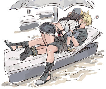 Rule 34 | 1boy, 1girl, all fours, bare legs, baseball cap, beach, beach umbrella, bikini, bikini under clothes, black hair, black shirt, black shorts, blonde hair, blush, breasts, closed eyes, cloud strife, cloud strife (maritime sailor), commentary, couple, cropped shirt, denim, denim skirt, elbow pads, english commentary, final fantasy, final fantasy vii, final fantasy vii: ever crisis, fingerless gloves, frayed skirt, full body, girl on top, gloves, hand on another's head, hat, heart, hetero, highres, kiss, large breasts, lifeguard, long hair, low-tied long hair, lying, miniskirt, morgengischt, official alternate costume, on back, outdoors, sailor collar, sand, shirt, short hair, shorts, side-tie bikini bottom, single elbow pad, skirt, spiked hair, spoken heart, swimsuit, tifa lockhart, tifa lockhart (lifeguard), umbrella, white shirt, yellow gloves