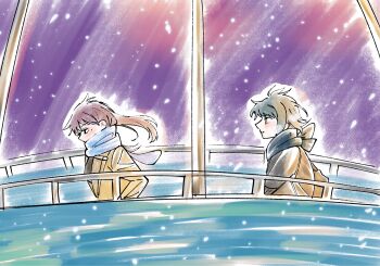 2girls bang_dream! bang_dream!_it&#039;s_mygo!!!!! black_hair black_scarf blue_eyes blue_scarf blush brown_coat brown_hair coat commentary highres long_hair looking_at_another mole mole_under_eye multiple_girls outdoors scarf shiina_taki snowing xtk_(zoenina123) yahata_umiri