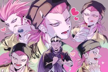 2boys absurdres bandaged_hand bandages black_hat braid commentary_request danganronpa_(series) danganronpa_2:_goodbye_despair food food_on_face hat heart highres holding holding_screwdriver licking_lips luckyland1985 male_focus multiple_boys multiple_views pink_hair purple_scarf scar scar_on_face scarf screwdriver sharp_teeth short_hair sideburns soda_kazuichi tanaka_gundham teeth tongue tongue_out wiping_face