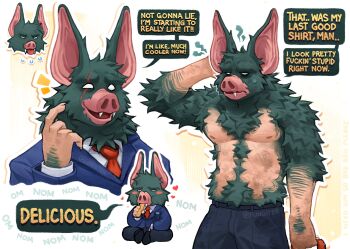 1boy absurdres animal_ears annoyed artist_name bat_boy bat_ears black_pants blowing_raspberry blue_suit chibi claws commentary dispatch eating english_commentary english_text fangs formal_clothes fungiteh furry furry_male highres holding_necktie looking_at_viewer looking_to_the_side multiple_views necktie nipples open_mouth pants pectorals red_necktie scar scar_across_eye scar_on_face smile sonar_(dispatch) speech_bubble suit topless_male
