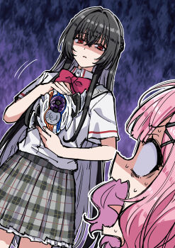 Rule 34 | 2girls, absurdres, amaori renako, ashigaya high school uniform, black hair, bow, bowtie, capsems, commentary request, dutch angle, hair between eyes, hair ornament, henshin pose, highres, holding, jitome, kamen rider, kamen rider zeztz (series), koto satsuki, multiple girls, nox driver, open mouth, parted lips, pink hair, pleated skirt, red bow, red bowtie, red eyes, rider belt, rolling eyes, school uniform, shirt, short sleeves, skirt, somechime (sometime1209), surprised, sweatdrop, tongue, tongue out, watashi ga koibito ni nareru wake naijan murimuri!, wavy mouth, white shirt